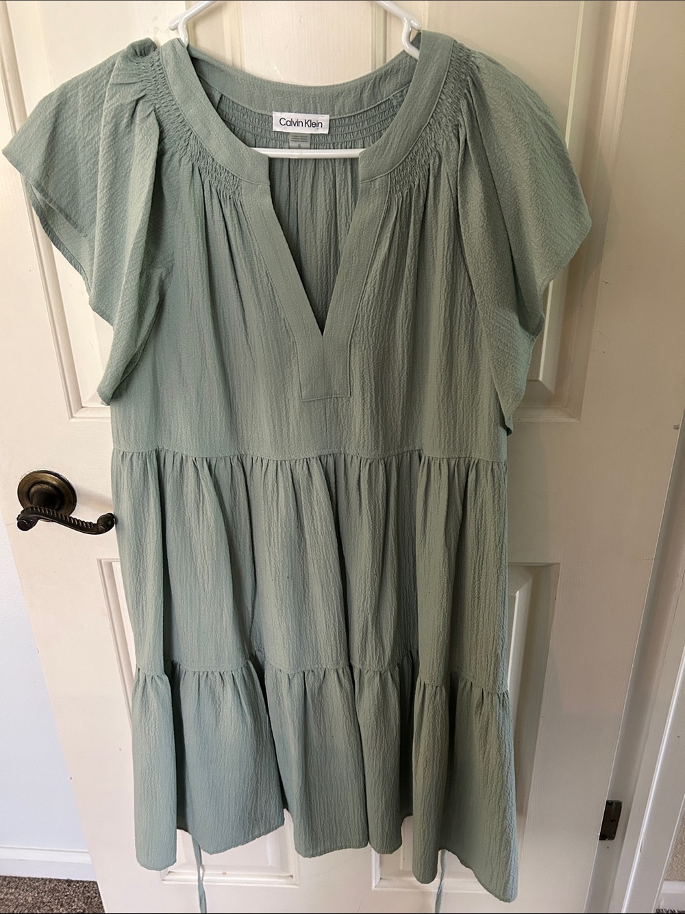 Calvin Klein Light Sage Tiered V-Neck Dress